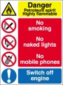 Danger Petroleum spirit Highly flammable No smoking No naked lights...